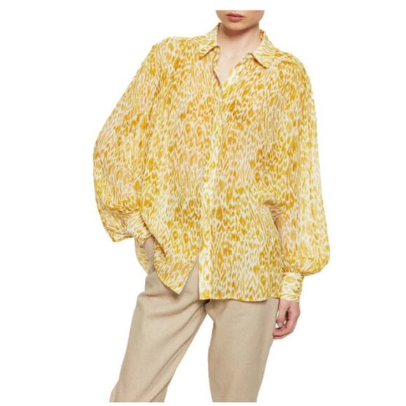 ANNIE BING Caleb Silk Shirt large long sleeve mixed marigold Leopard blouse top
